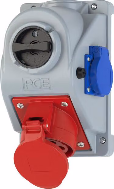 Presa di corrente fissa con interruttore tipo "Combo-Pol" 32A 400V 3P+Z+N, presa di corrente a 230V, interruttore 0-1 IP44