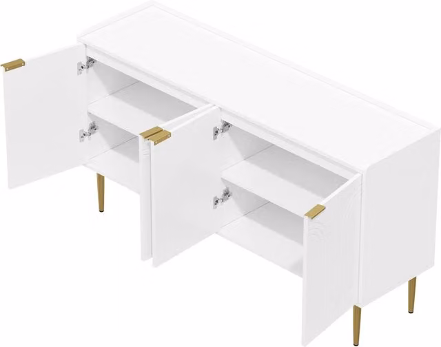 Madia moderna in MDF con 4 ante e ripiani regolabili per soggiorno o camera da letto, colore bianco e oro, L/P/H: 140 x 38 x 75 cm