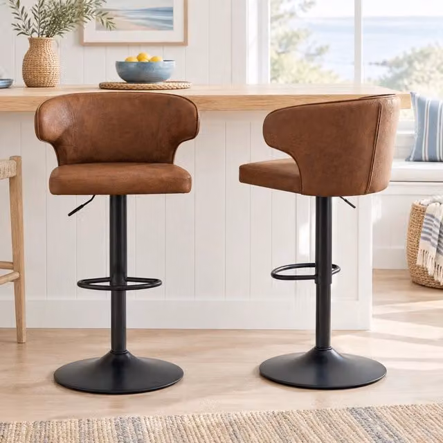 Set di 2 sgabelli da bar ULEVR regolabili 85-110 cm, girevoli a 360¡ã con schienale e poggiapiedi, marrone