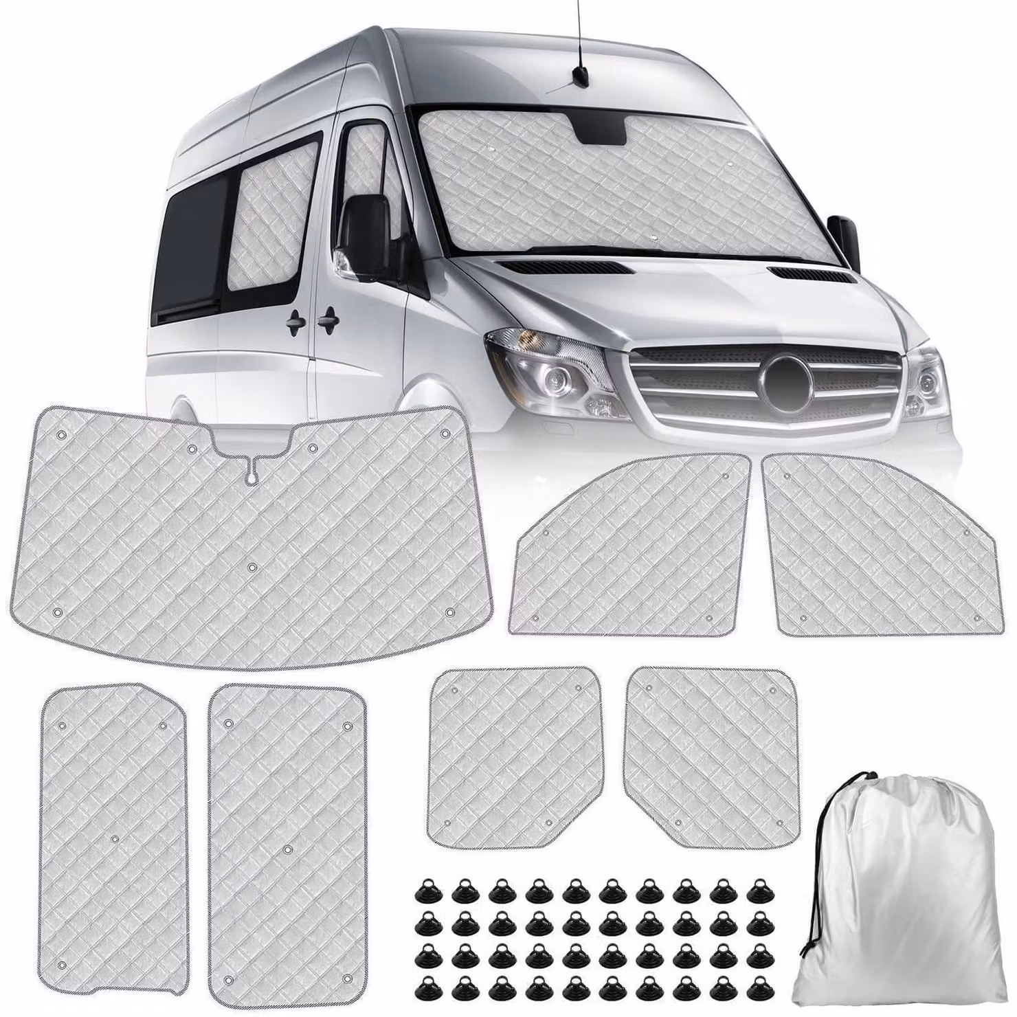 Parasole per parabrezza, composto da 7 pezzi, per Mercedes Sprinter dal 2019 al 2024. Tappetino termico in alluminio, pieghevole