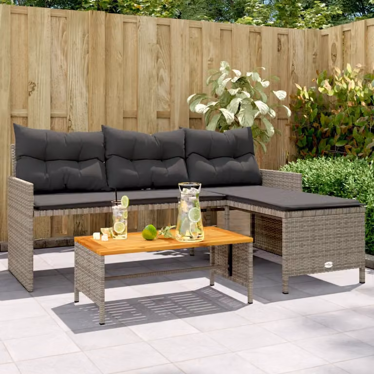 vidaXL Divano da Giardino a L con Tavolo e Cuscini Grigio in Polyrattan e Legno di Acacia