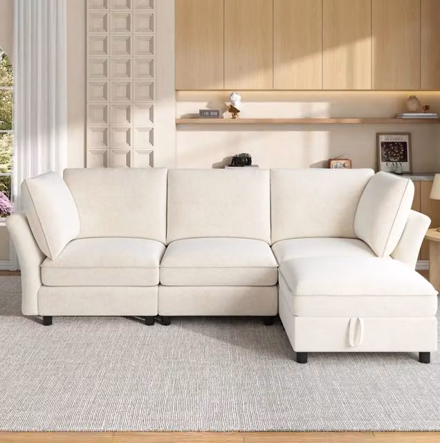 Divano angolare modulare 4 posti con pouf contenitore in ciniglia beige HOMVRA