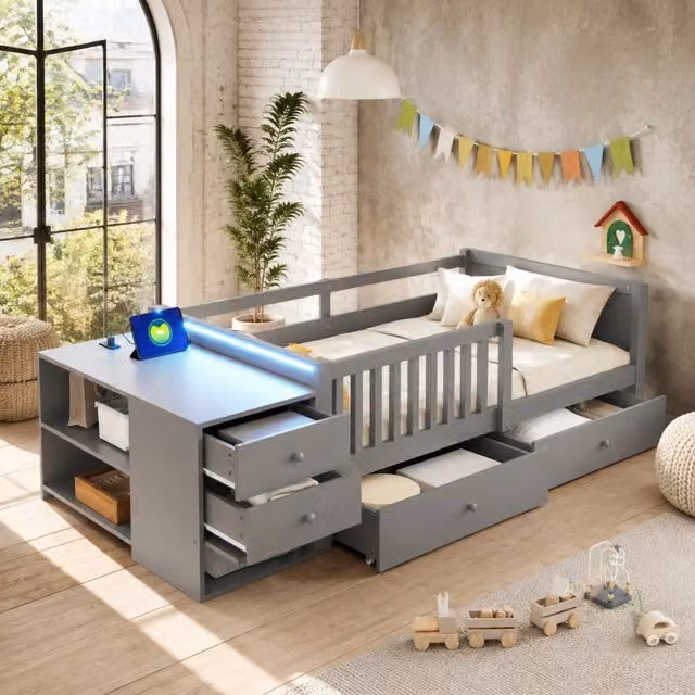 Letto a castello per bambini 90x200 cm con contenitore indipendente, scrivania, presa elettrica, illuminazione LED, doppio cassetto e sponda di sicurezza grigia