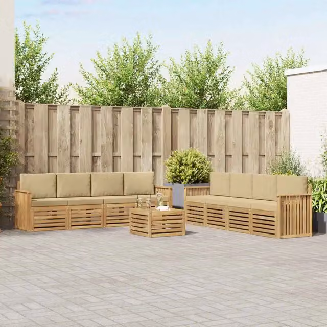 Set di mobili da giardino vidaXL composto da 9 pezzi con divani da esterno, tavolino e cuscini in tessuto resistente ai raggi UV, colore bianco e beige, struttura in legno di acacia trattato