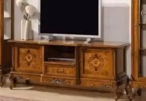 Mobile Porta TV Modello Lisa KIVIO in Legno Noce con 2 Ante e 1 Cassetto, Decorazioni Intagliate e Intarsiate Floreali, L: 180 cm, P: 61 cm, H: 76 cm