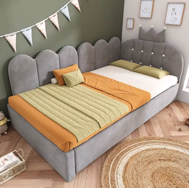 Letto daybed MODFU in velluto grigio con letto estraibile, design moderno per camera dei bambini, L/P/H: 200 x 90 cm
