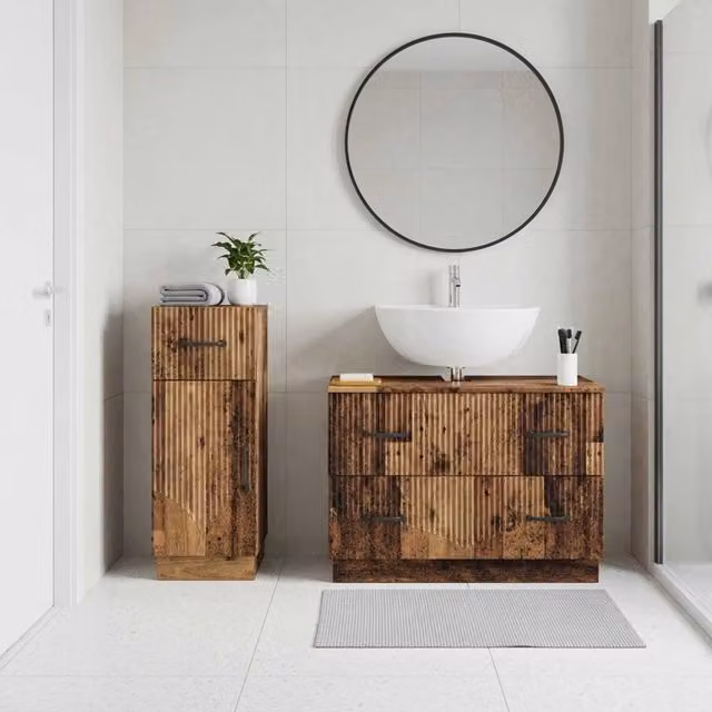 Set di mobili da bagno moderni vidaXL in legno marrone con vanità e ante a cerniera