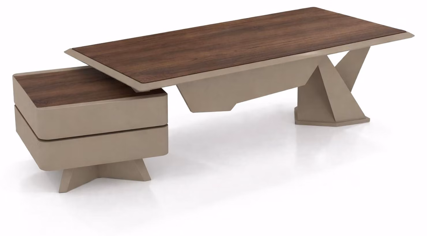 Scrivania dal design moderno, in legno noce, con piano beige, struttura in metallo, ideale per il soggiorno