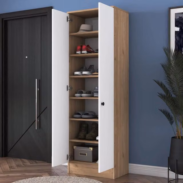 Armadio da camera da letto moderno DMORA con 2 ante, ripiani interni e appendiabiti, finitura rovere bianco, L: 60 cm, H: 183 cm – 1