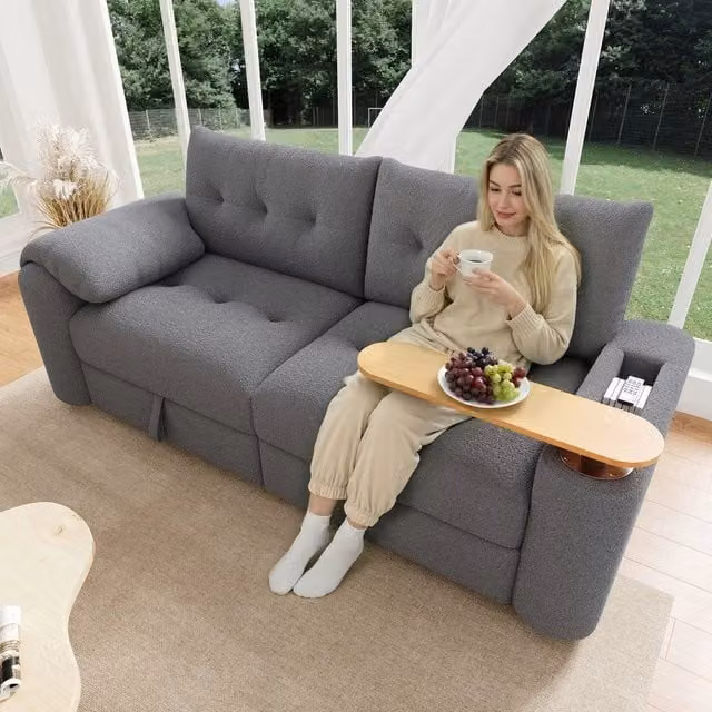 Divano 3 posti estraibile con cassetti ¨C Minimal ¨C grigio tessuto con poggiacapo e tavolino integrato