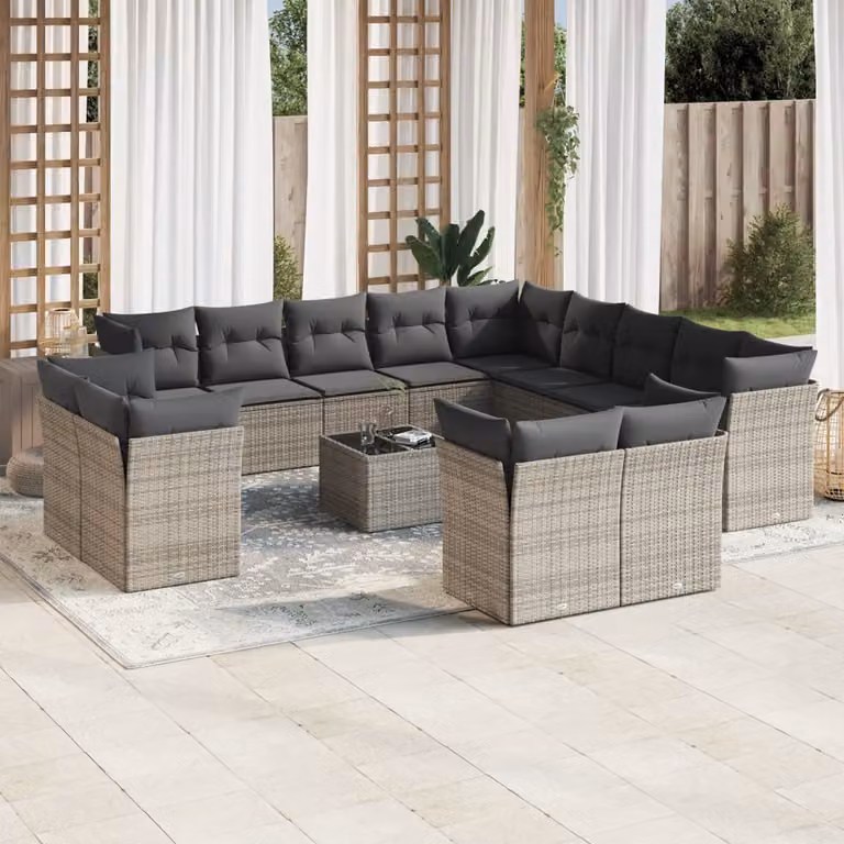 vidaXL Set Divani da Giardino a Forma di U con Cuscini e Tavolino da Esterno in Polyrattan e Acciaio Grigio