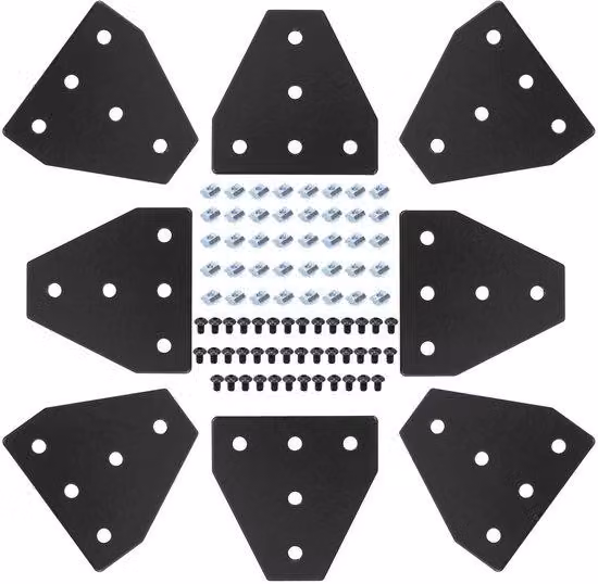 Connettore in alluminio per profili della serie 4040, composto da: 8 elementi di collegamento per scanalature a T, 40 piastre angolari a T e 40 viti M8