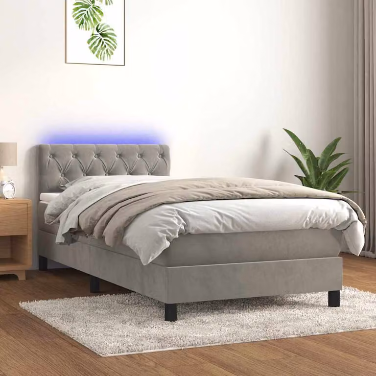 Letto a Molle con Materasso e LED vidaXL in Velluto Grigio Chiaro, L/P/H: 80 x 200 cm