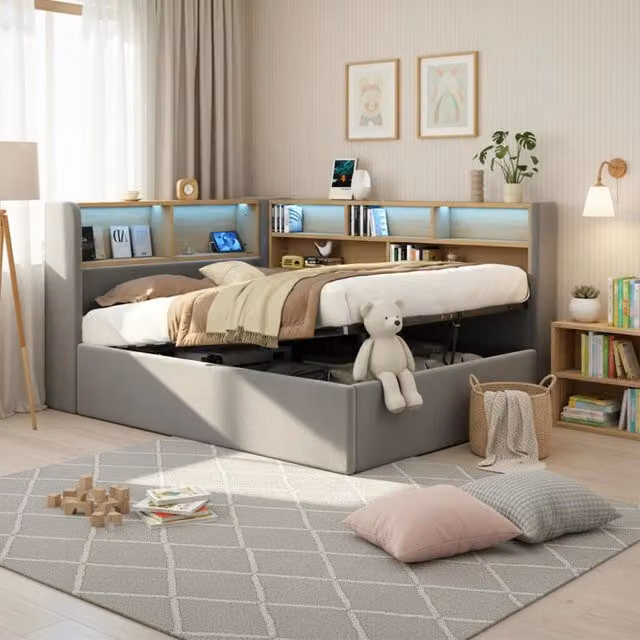 Letto divano singolo 200×90 cm con contenitore idraulico, LED, USB e Type-C, senza materasso, velluto grigio