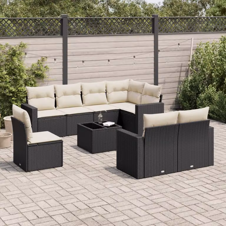 vidaXL Set Divani da Giardino a L 9 pz con Tavolino in Vetro e Cuscini, Nero e Bianco