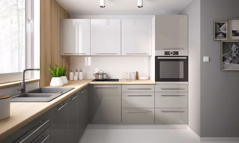 Mobile cucina 245x240cm grigio / bianco traffico - blocco cucina a L laccato lucido grigio seta
