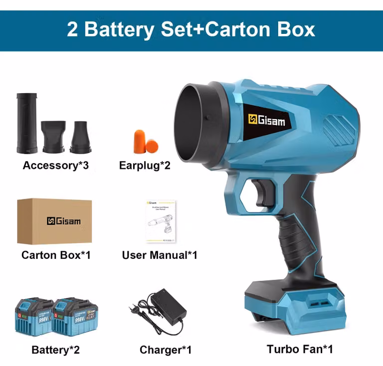 Soffiatore a batteria - Soffiante portatile con motore brushless - Velocità dell'aria: 200 m/s - 150000 giri/min - Compatibile con batterie da 18V - Include 2 batterie