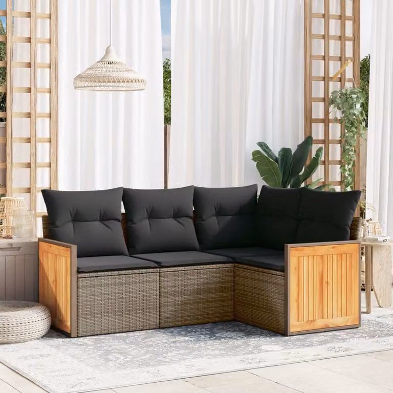 vidaXL Set di Divani da Giardino a L 4 pz in Polyrattan e Legno di Acacia Grigio con Cuscini Imbottiti e Rivestimenti Rimovibili