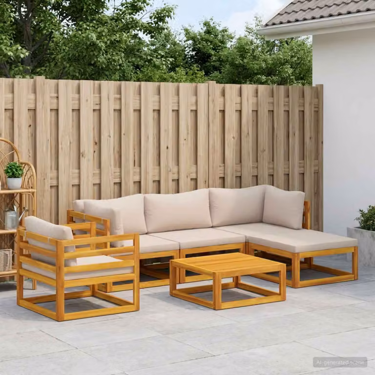 Set di divani da giardino vidaXL in legno di acacia massello con cuscini beige e marrone, composto da 6 pezzi con modulo angolare, pouf e tavolino da esterno