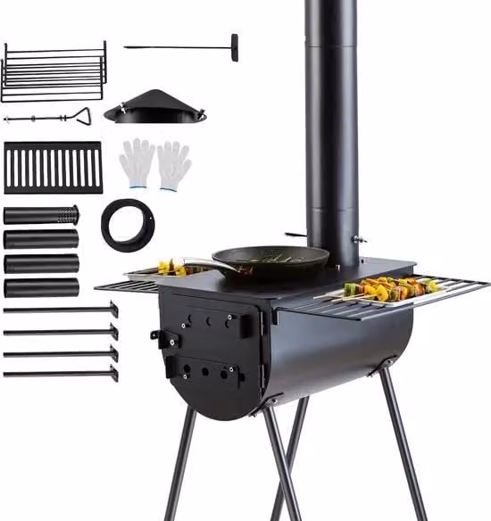 Chiminea Vevor per esterno in acciaio nero con legna e guanti termoresistenti