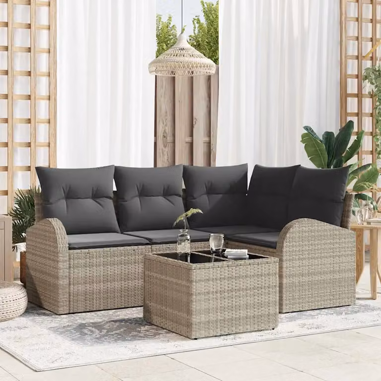 Set Divano da Giardino vidaXL 5 Pezzi a Forma di L Grigio con Cuscini e Tavolino in Polyrattan e Acciaio