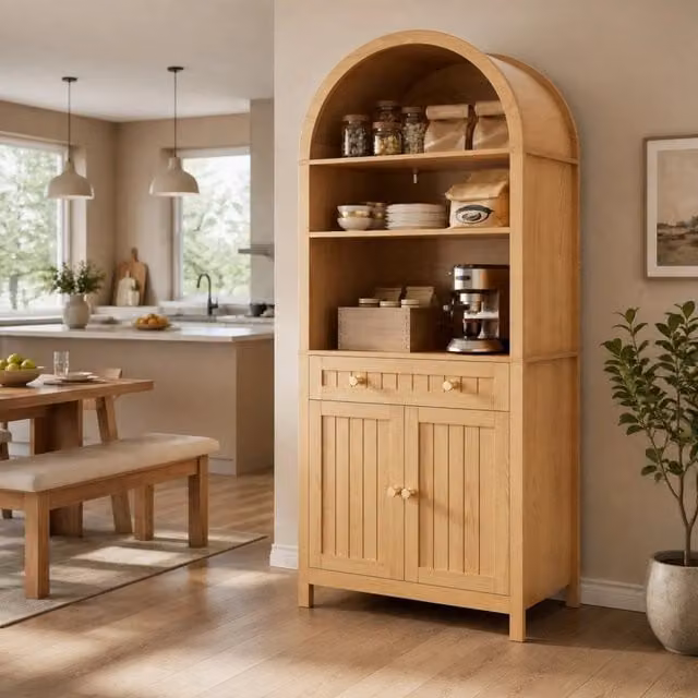 Mobile colonna da cucina Mivray con ripiani aperti, cassetto e doppie ante, finitura naturale beige e marrone, L: 76 cm, P: 40 cm, H: 180 cm – 1