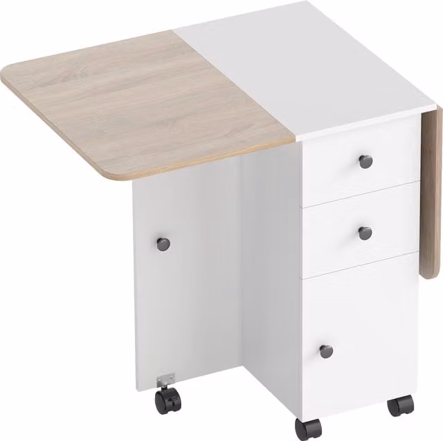 Tavolo pieghevole HOMCOM con 2 cassetti, armadietto e 6 rotelle con freni, Bianco e Rovere, L: 120 cm, P: 60 cm, H: 76.5 cm