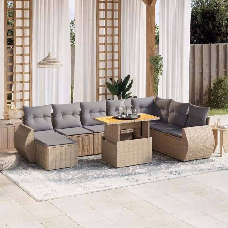vidaXL Set Divano da Giardino 9 pz in Polyrattan Beige con Cuscini e Tavolino da Caffè