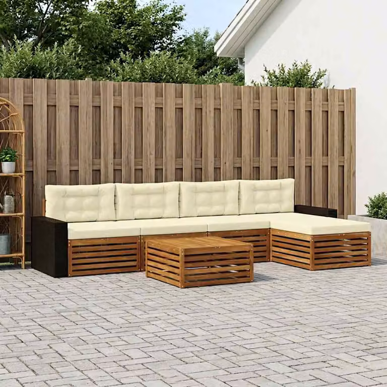 Set di divani da esterno vidaXL 6 pz a forma di L in legno di acacia con pouf e tavolino, colori beige, bianco e marrone
