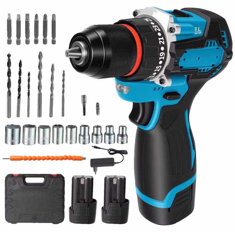 Set di avvitatore a batteria, coppia di serraggio di 55 Nm, set di accessori da 29 pezzi, 2 batterie