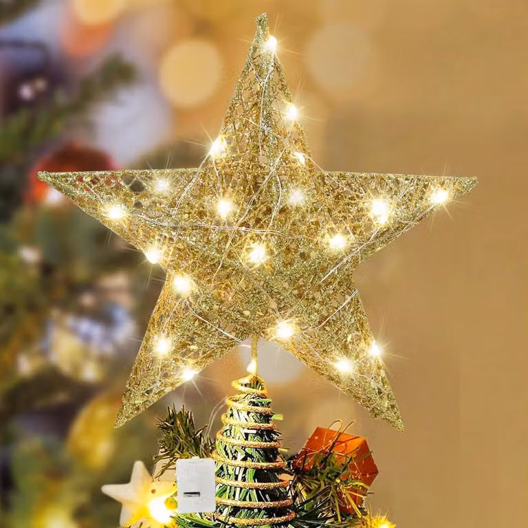 Punta per albero di Natale a forma di stella con luci LED, color oro, 22,7 cm