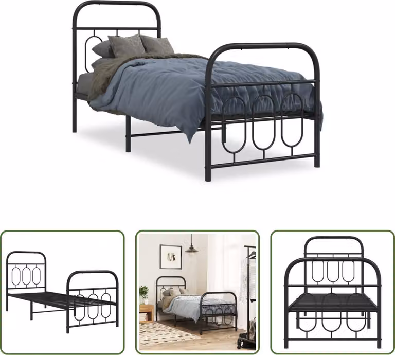 The Living Store Struttura letto con testiera e pediera in metallo nero 75x190 cm