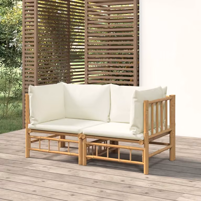 Set di 2 divani angolari da giardino vidaXL in bambù con cuscini bianchi e marroni