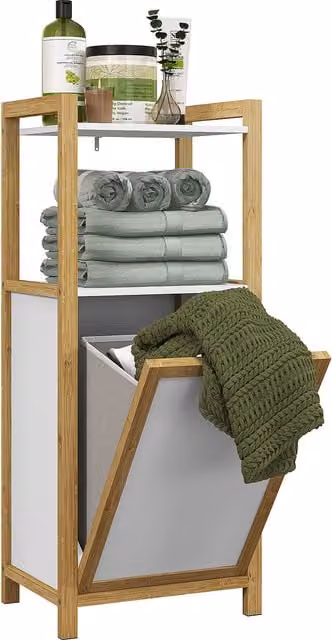 Mobile da bagno in bambù HOMCOM con cesto per il bucato e 2 mensole, colore bianco, L/P/H: 40 x 30 x 86,5 cm