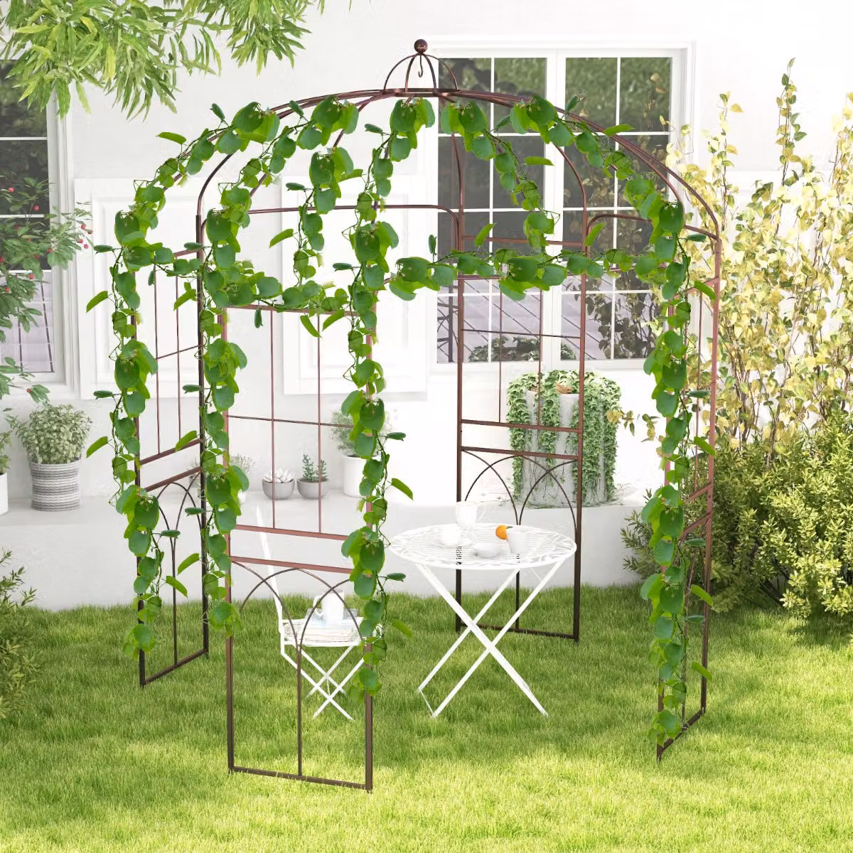 Pergola da giardino a forma di gabbia d'uccello Costway in metallo marrone con struttura ad arco per piante rampicanti L: 256 cm, P: 211 cm, H: 211 cm