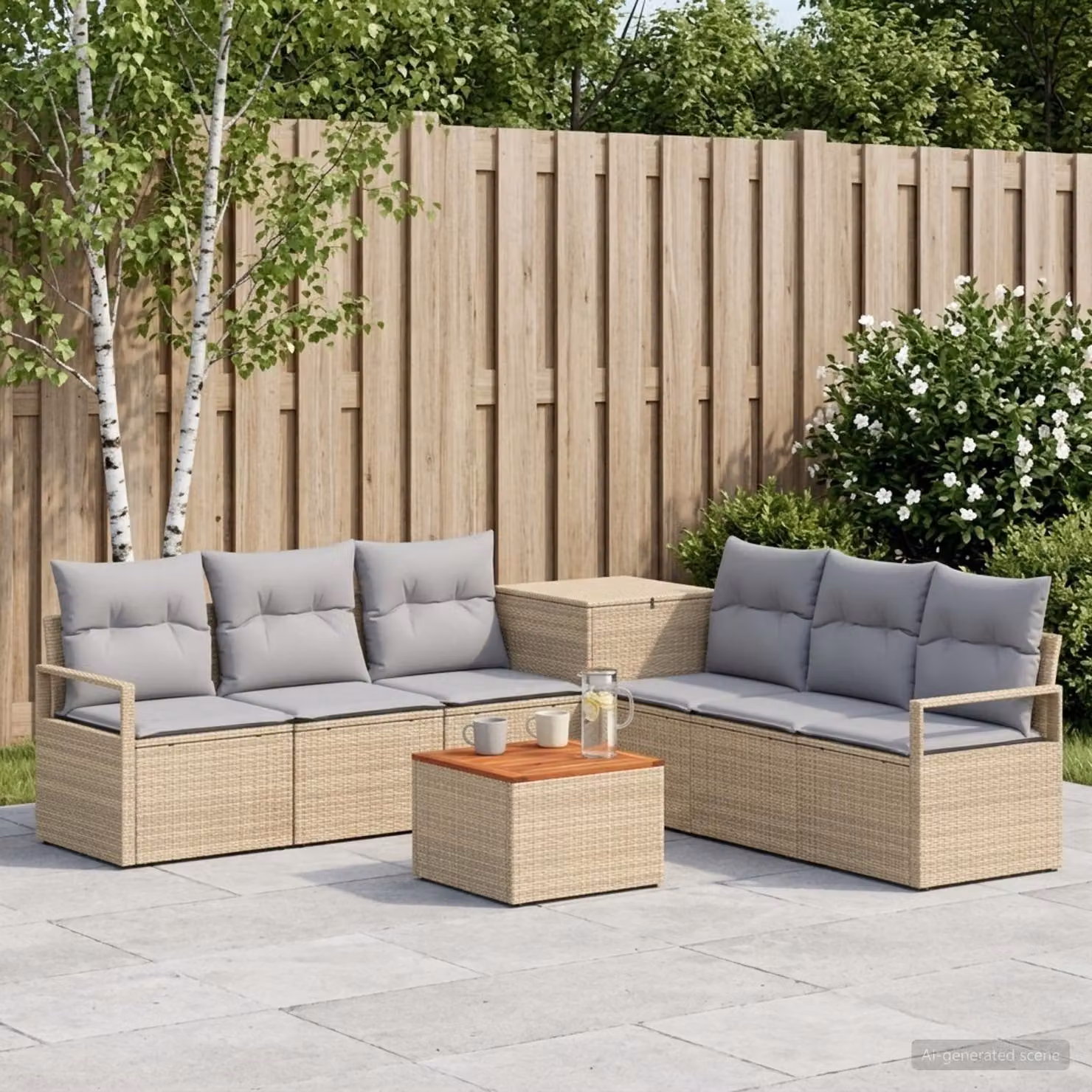 vidaXL Set di divani da giardino a forma di U in polyrattan con tavolino e cuscini, Beige e Grigio Chiaro