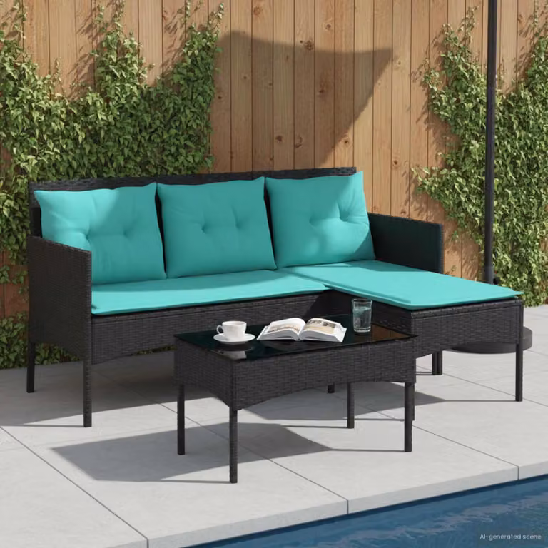 Set Divano da Giardino a L vidaXL con Elemento Angolare, Tavolino da Esterno e Cuscini, Colore Turchese e Nero