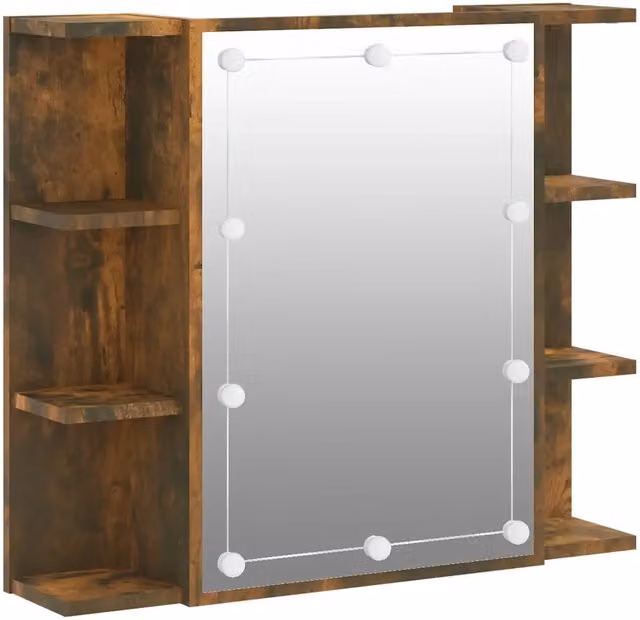 Armadio da bagno con specchio e illuminazione LED in Rovere Fumo, L: 70 cm, P: 16,5 cm, H: 60 cm