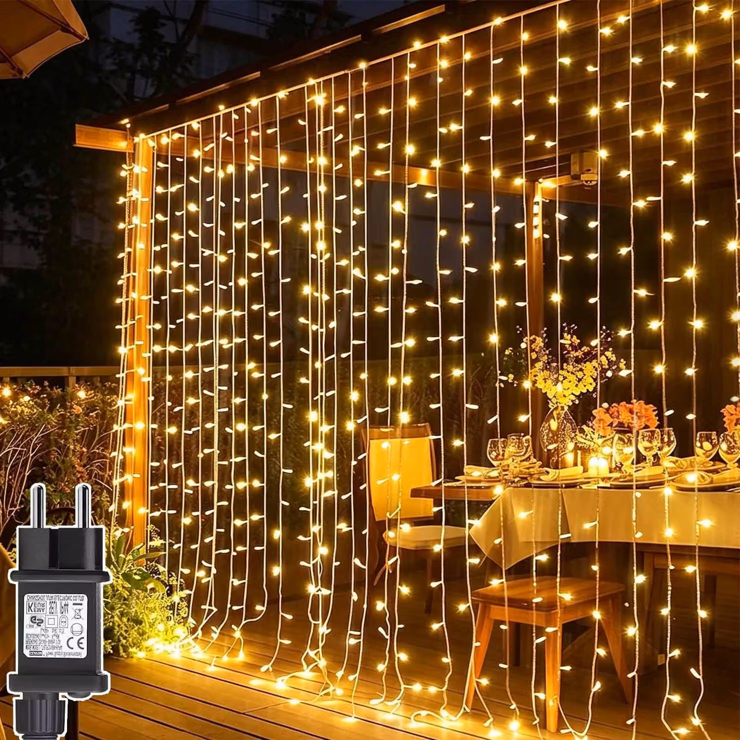 Tenda luminosa, dimensioni 3x3 metri, 300 LED, luce bianco caldo, grado di protezione IP65, timer, 8 modalità