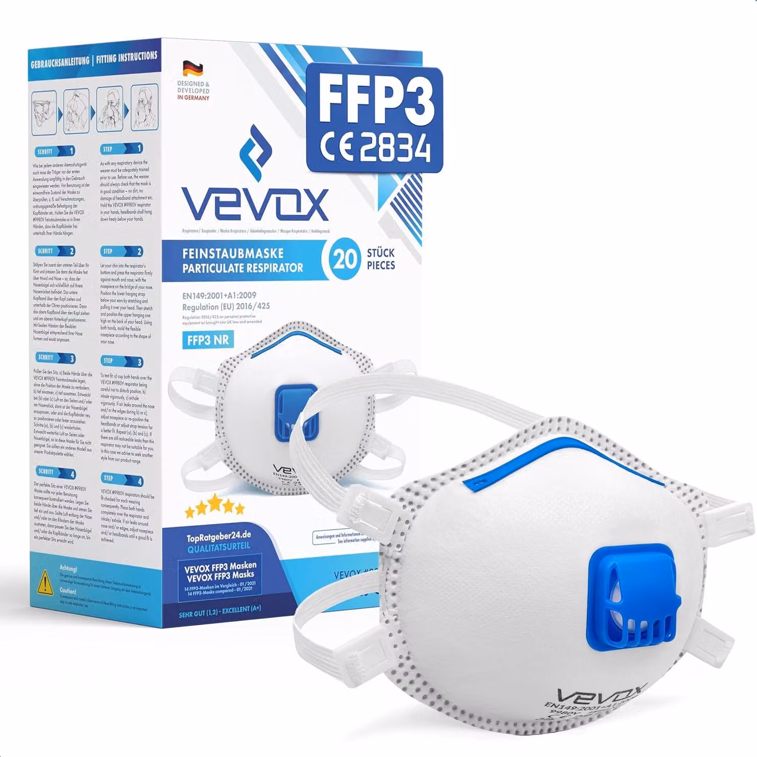 Maschera VEVOX® FFP3 con valvola - set da 5, 10 o 20 - maschera antipolvere - respiratore - maschera antipolvere - maschera per polveri sottili - protezione respiratoria