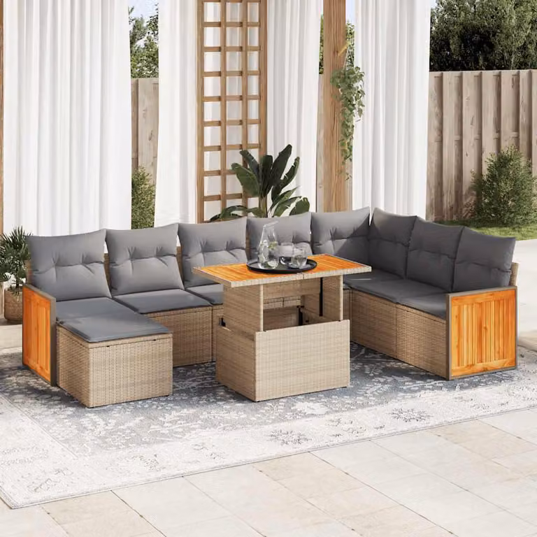 Set Divano da Giardino vidaXL 9 pz a Forma a U in Polyrattan e Legno di Acacia con Cuscini Beige e Grigio