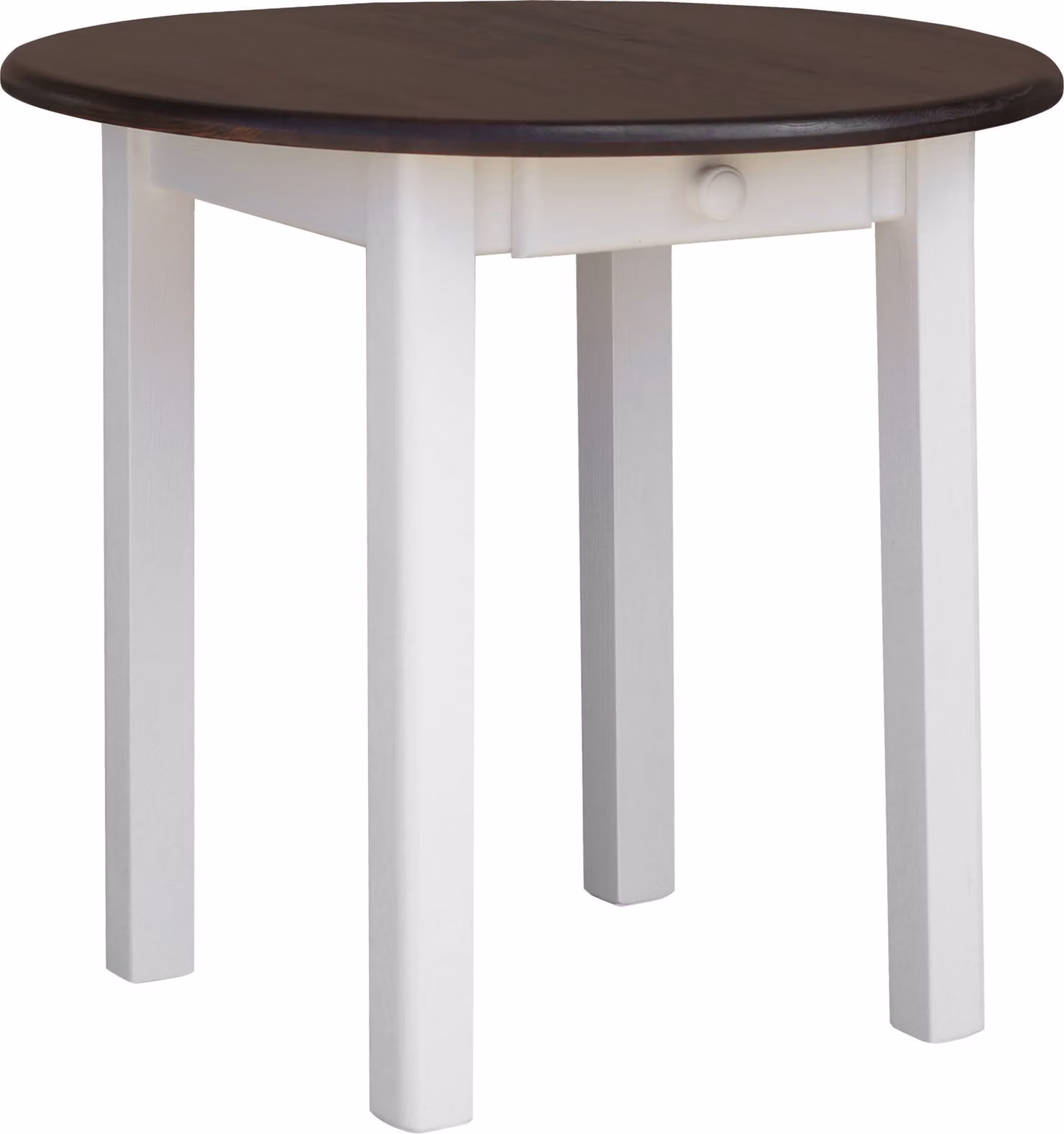 Tavolo rotondo bianco con cassetto in legno di pino massiccio con piano in colore noce 90 cm
