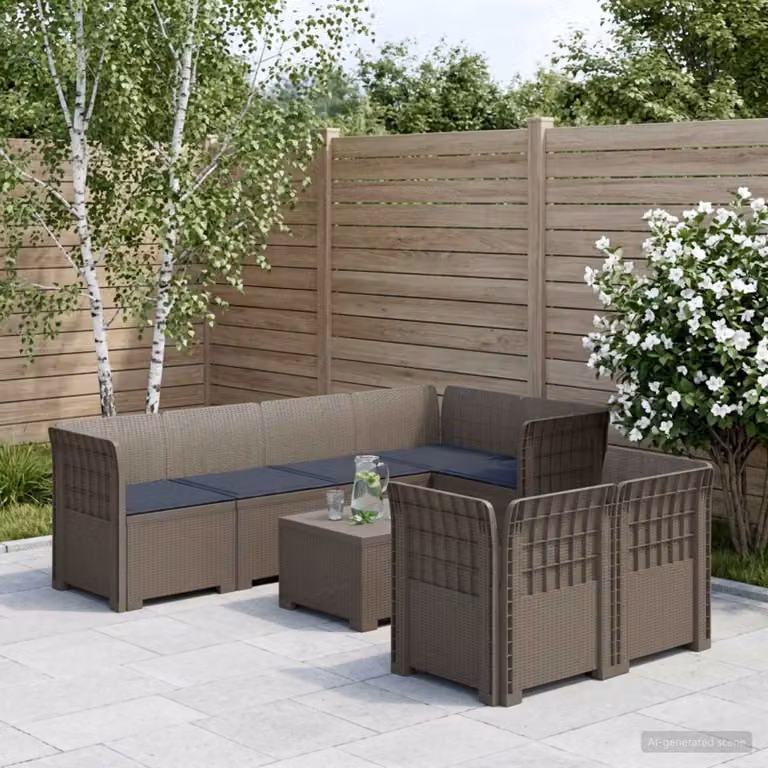 Divano da giardino a L vidaXL per 7 persone in polyrattan con cuscini rimovibili, grigio e marrone
