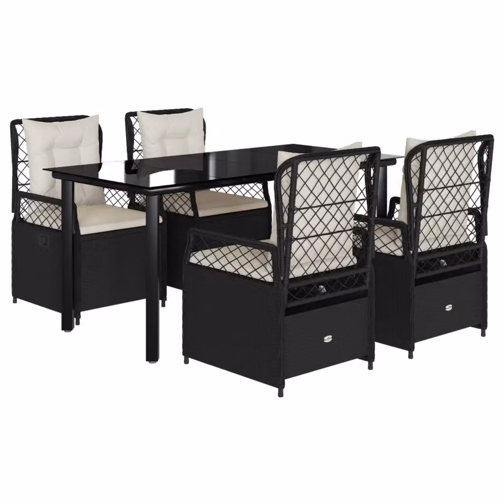 Set da Pranzo da Giardino vidaXL in Polyrattan Nero con Cuscini e Tavolo in Vetro 5 pz – 2