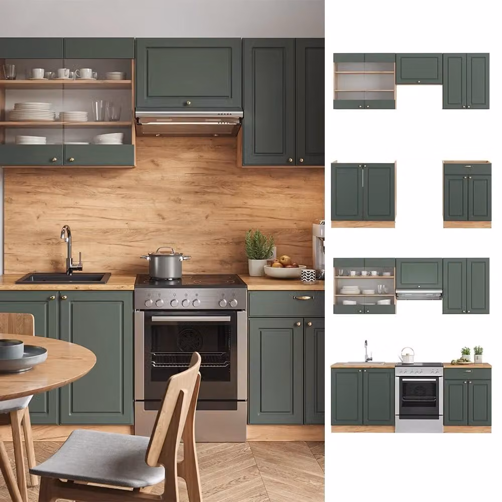 Cucina componibile Fame-Line Vicco in stile country house, colore Verde-oro e Rovere dorato, L: 200 cm, P: 60 cm, H: 81,6 cm – 2