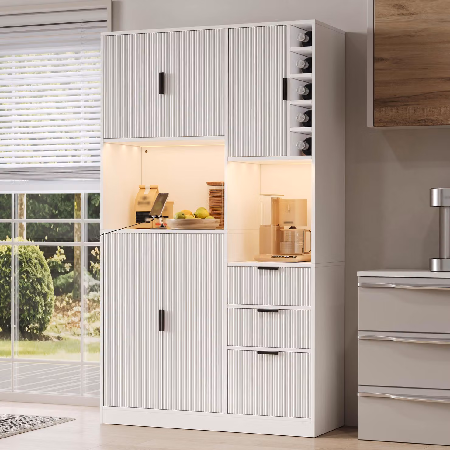 Armadio da cucina Flieks con ripiani regolabili, 3 cassetti, scaffale per vino e illuminazione a LED, mobile alto 105x40x180 cm, mobiletto per vino, bianco