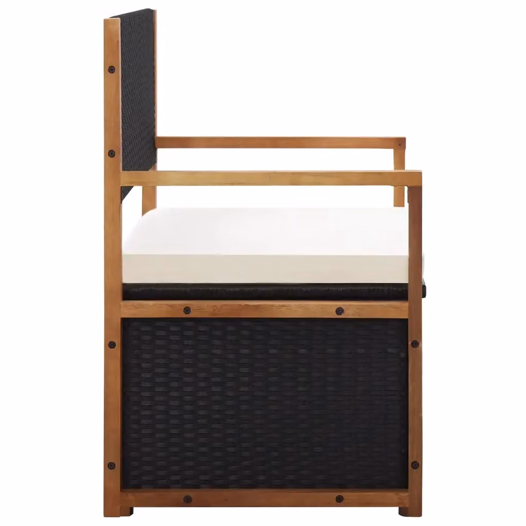 Cassapanca vidaXL in Polyrattan e Legno di Acacia con Cuscini, Colore Nero, L 115 x P 40 x H 50 cm – 2