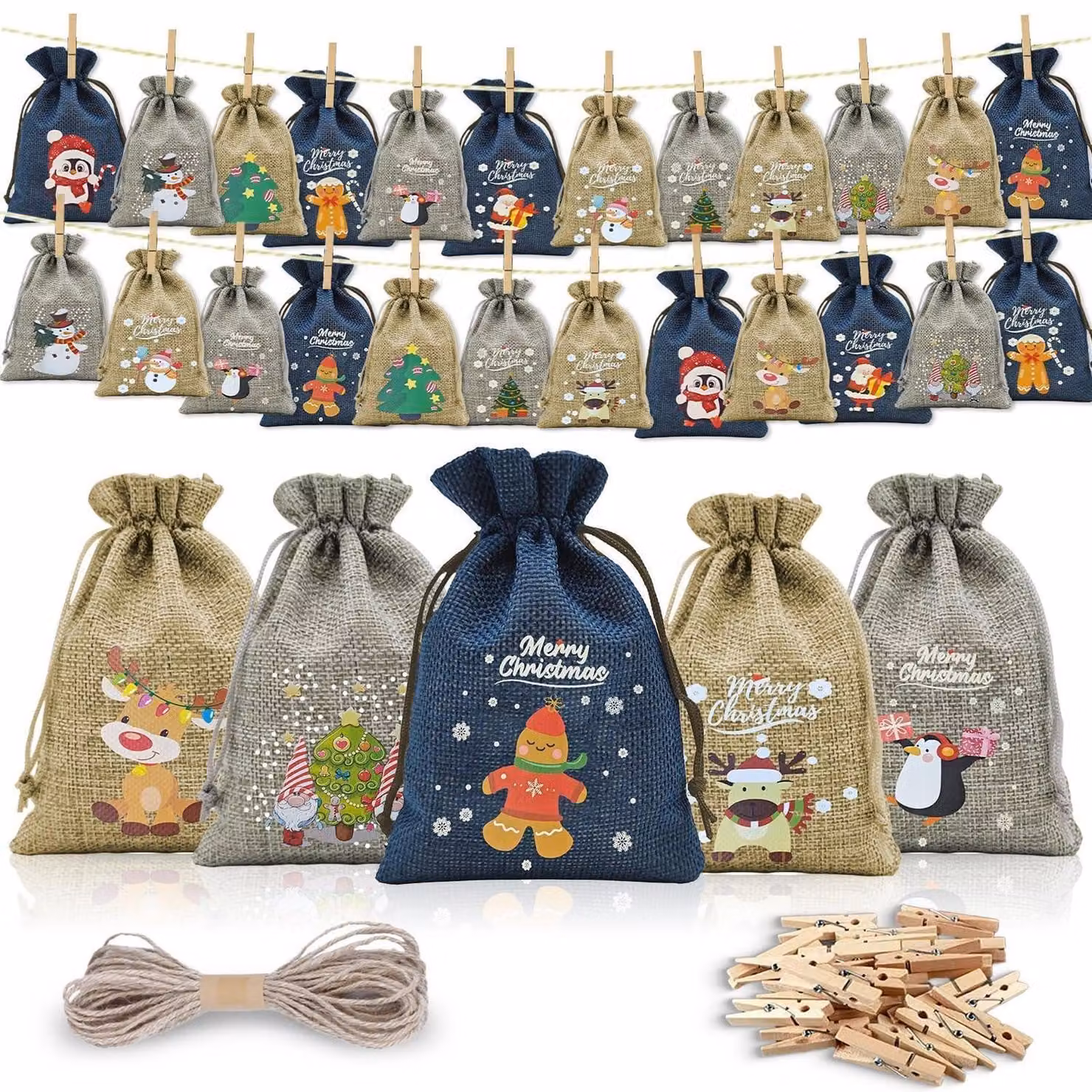Calendario dell'Avvento da riempire, in tessuto, con 24 sacchetti, chiusure e corda. Dimensioni: 20 x 14 cm