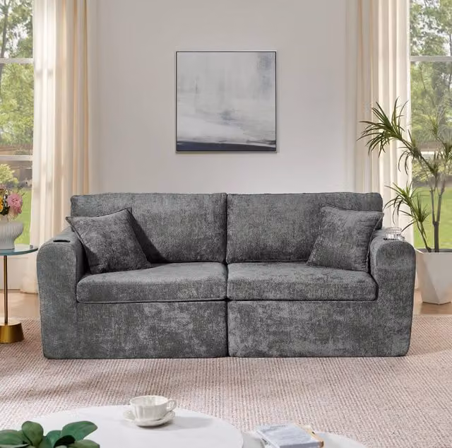 Divano relax 2 posti in chenille grigio con USB; tasche laterali; portabicchieri e cuscini