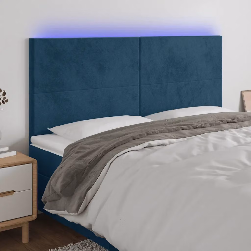 Testiera moderna in velluto blu scuro con illuminazione LED integrata e porta di ricarica USB, L: 200 cm, P: 5 cm, H: 118/128 cm – 2